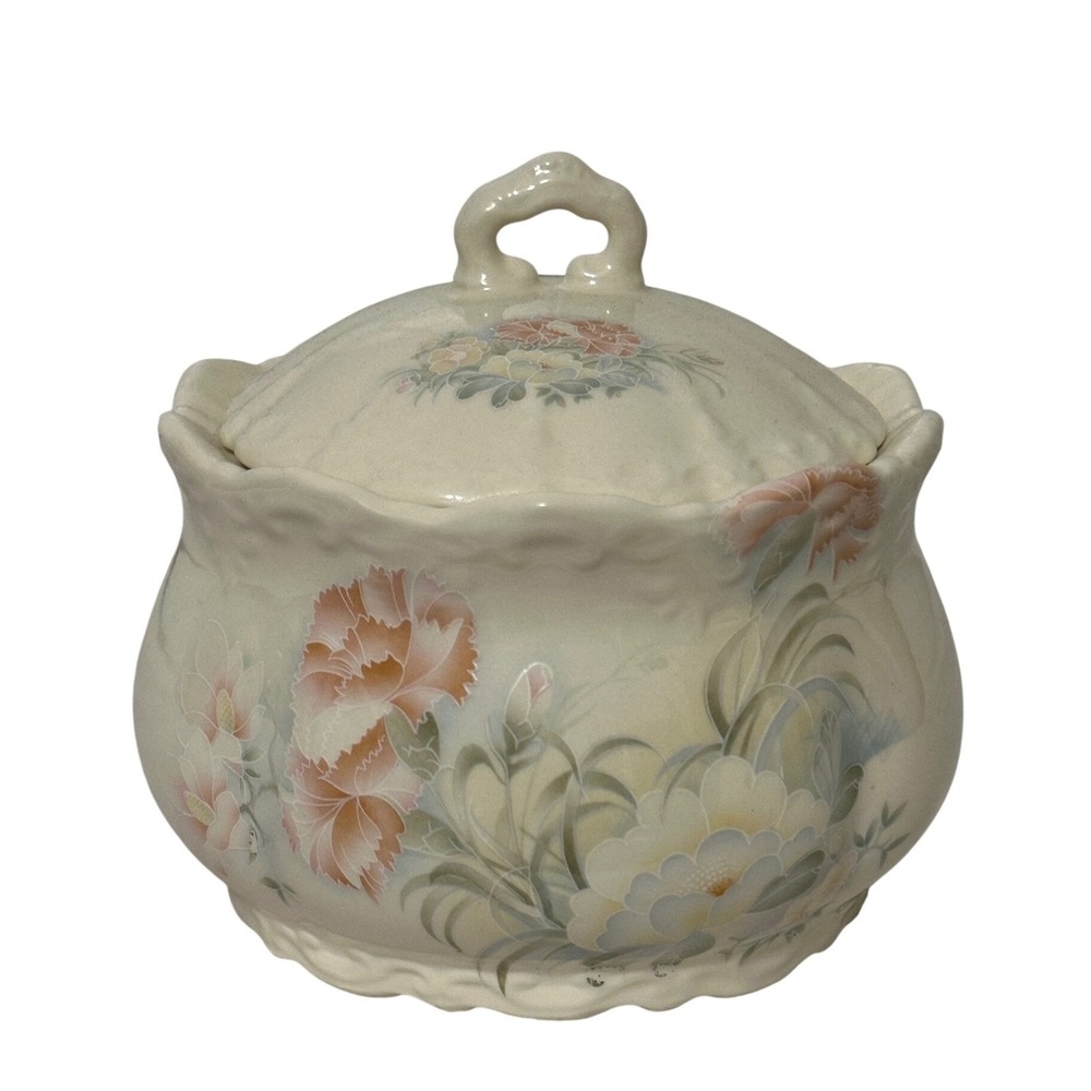 Vtg Floral Ginger Jar Ceramic Cream 5.5in Excellent Scalloped Lidded Sugar Bowl